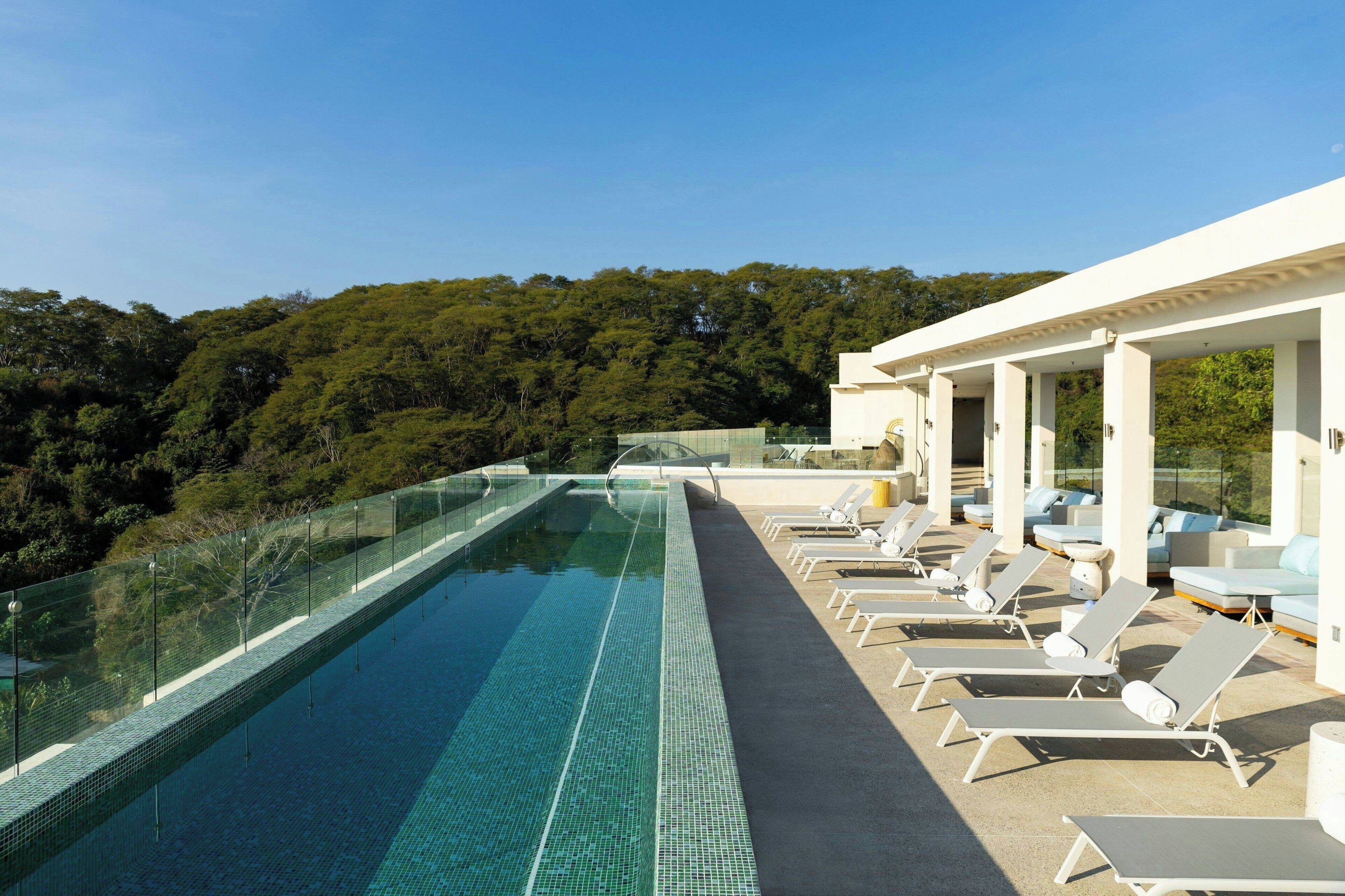 A rooftop infinity pool with lounge chairs and a glass balustrade overlooking a forested area.