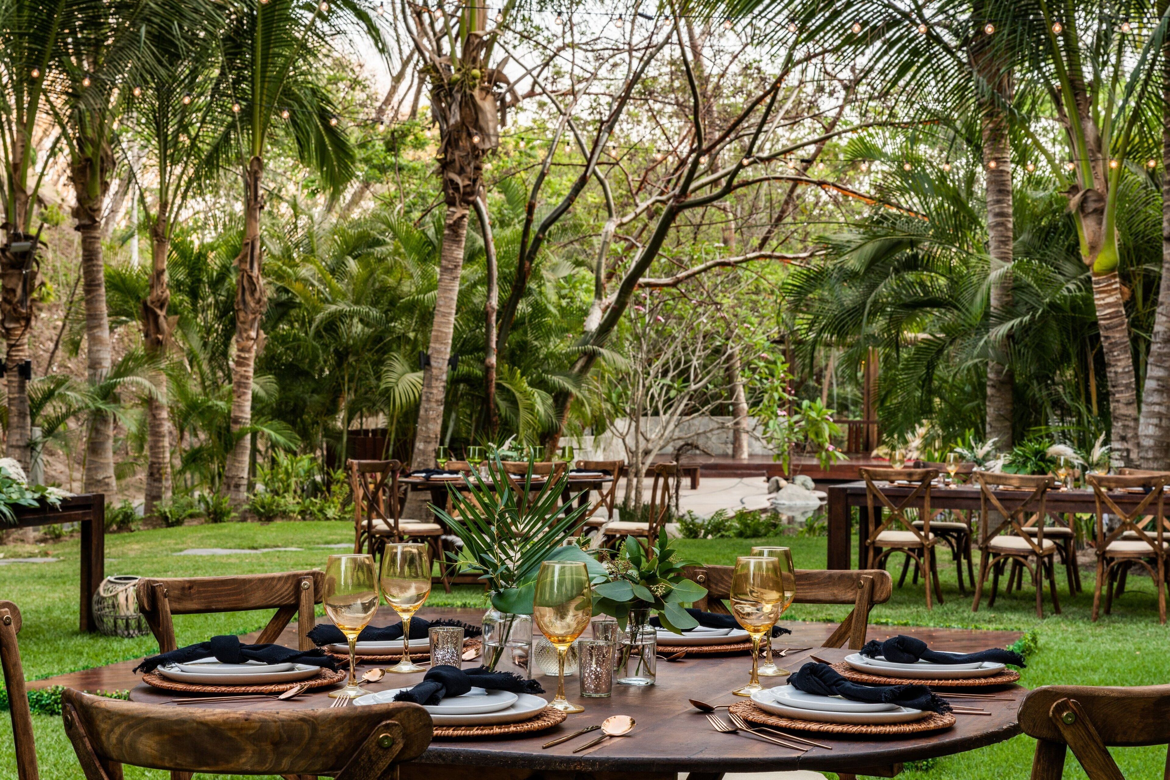 An outdoor dining area with round tables set for a meal, surrounded by lush greenery and palm trees.
