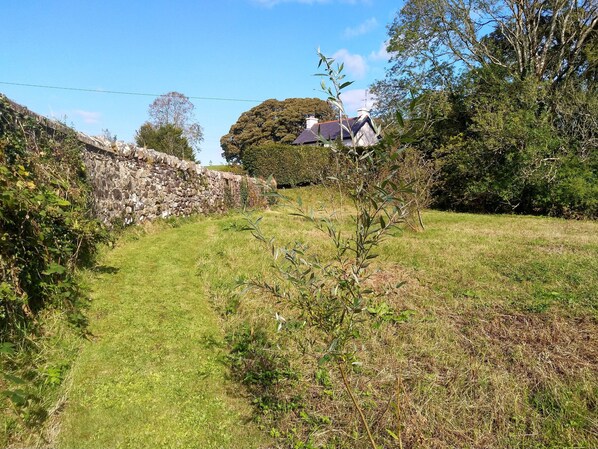 A stone wall, grassy area, and a house with a dark roof.