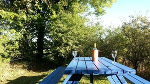Una mesa de picnic con dos copas de vino y una botella, en un entorno natural.