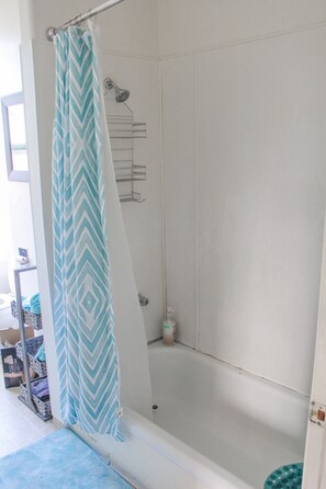 Bathtub, hair dryer, towels, soap