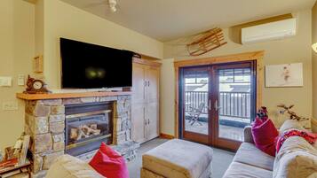 TV, fireplace, books, stereo