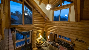 TV connectée, cheminée, lecteur de DVD, livres