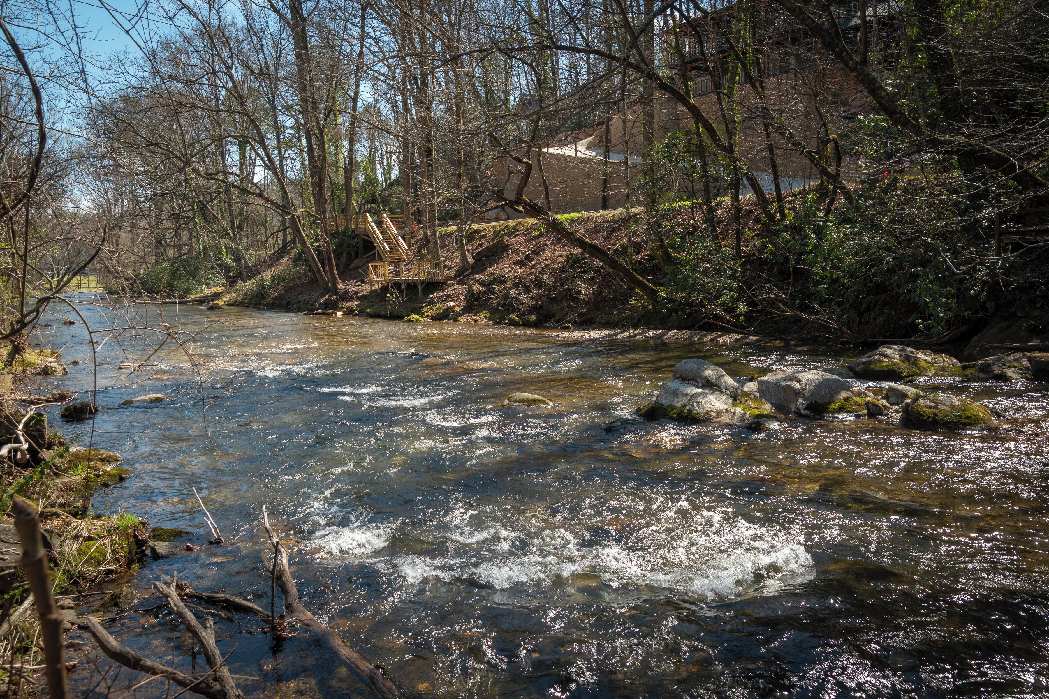 A river flowing through a forested area with rocks and a wooden bridge.