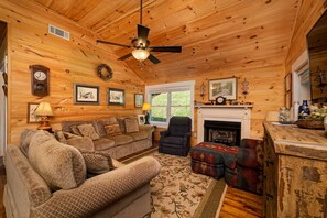 Smart TV, fireplace, books, offices