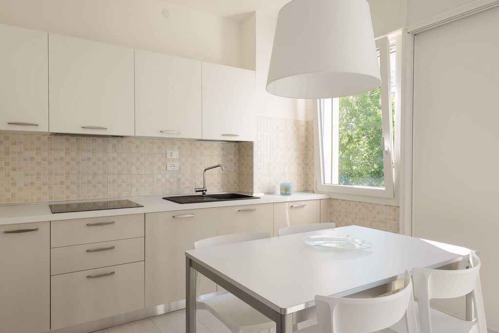 Fridge, stovetop, dishwasher, coffee/tea maker