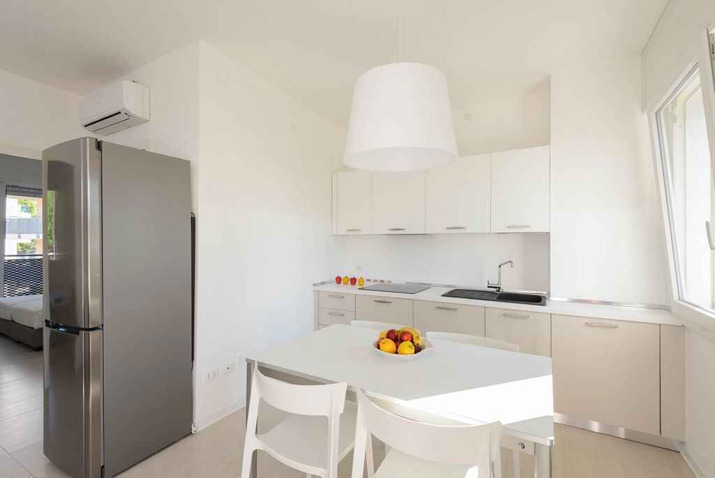 Fridge, stovetop, dishwasher, coffee/tea maker