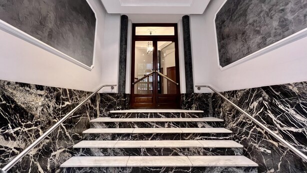 Un escalier en marbre, doté de rampes, mène à une porte en bois sombre ornée de panneaux de verre.