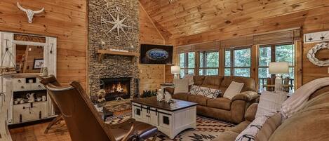 Smart TV, fireplace, books