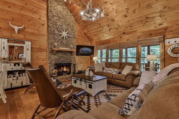 Smart TV, fireplace, books