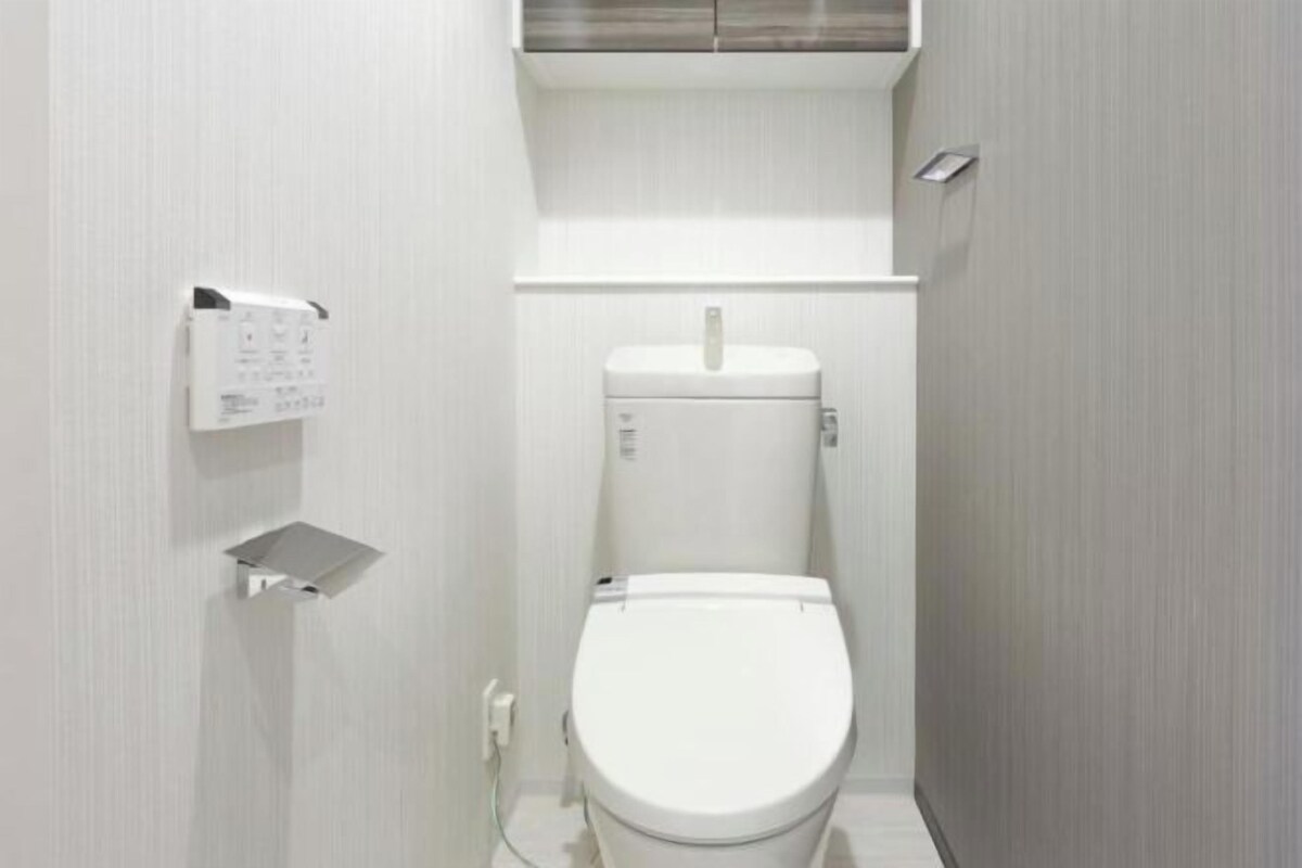 A modern, compact bathroom with a white toilet, a wall-mounted flush tank, and a small shelf.
