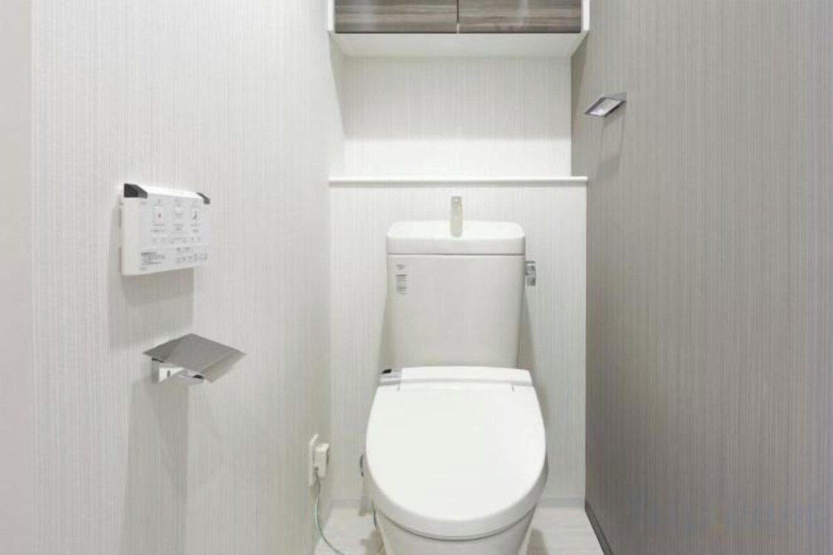 A small, modern bathroom with a toilet, a wall-mounted flush tank, and a control panel.