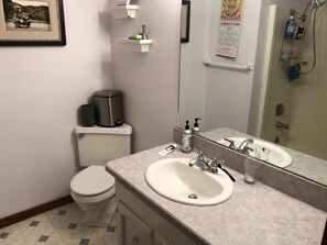 Combined shower/bathtub, hair dryer, towels, soap