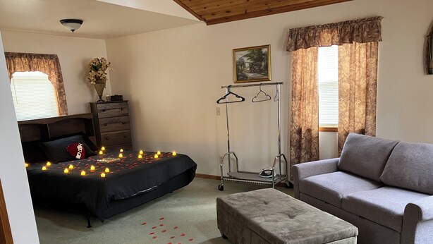 Un dormitorio con cama, sofá gris, cómoda de madera, perchero y un cuadro en la pared.