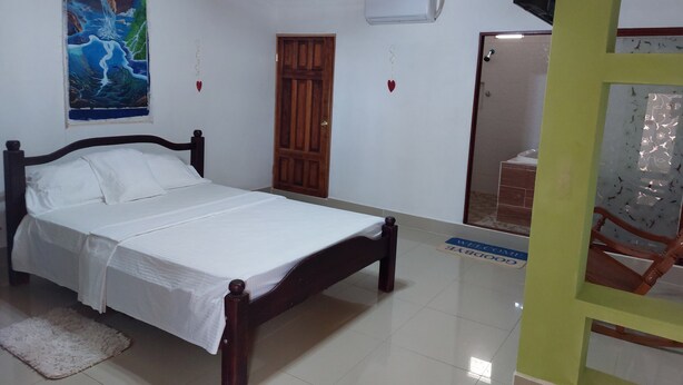 A bedroom with a wooden bed, a painting on the wall, an air conditioning unit, and a door.