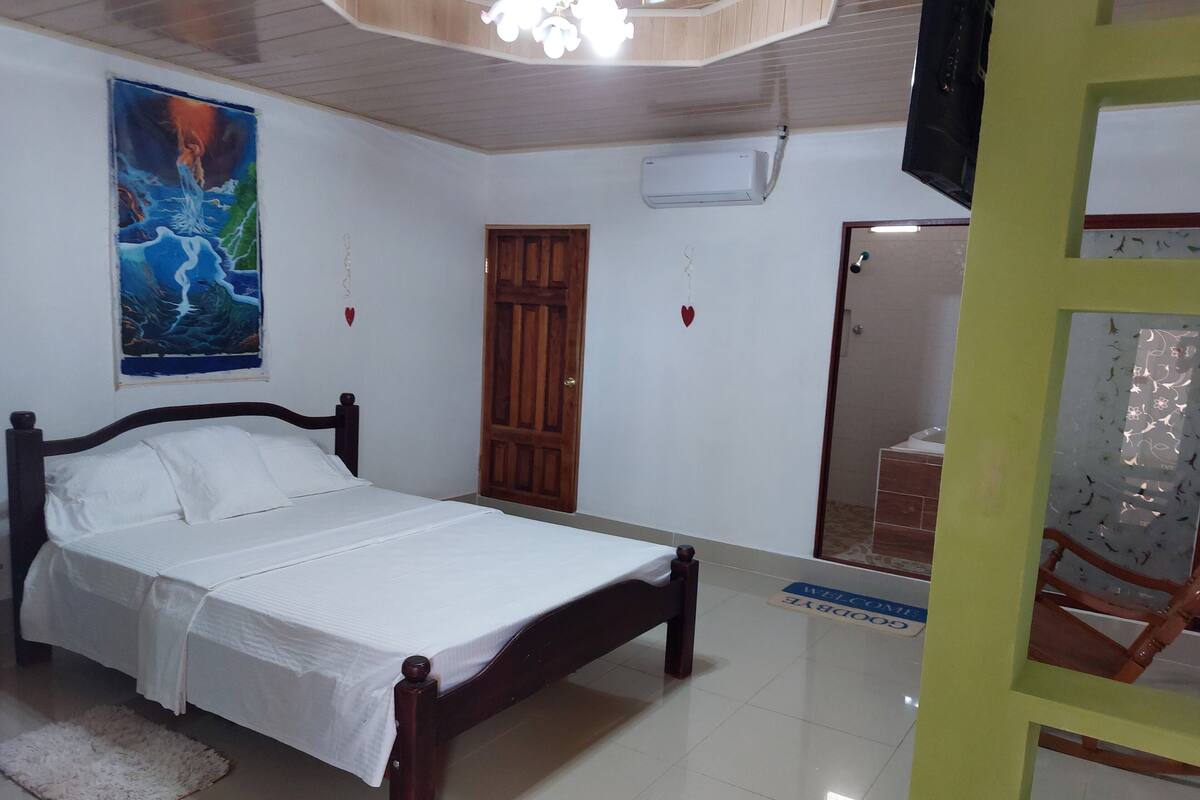 A bedroom with a wooden bed, a painting on the wall, an air conditioning unit, and a door.