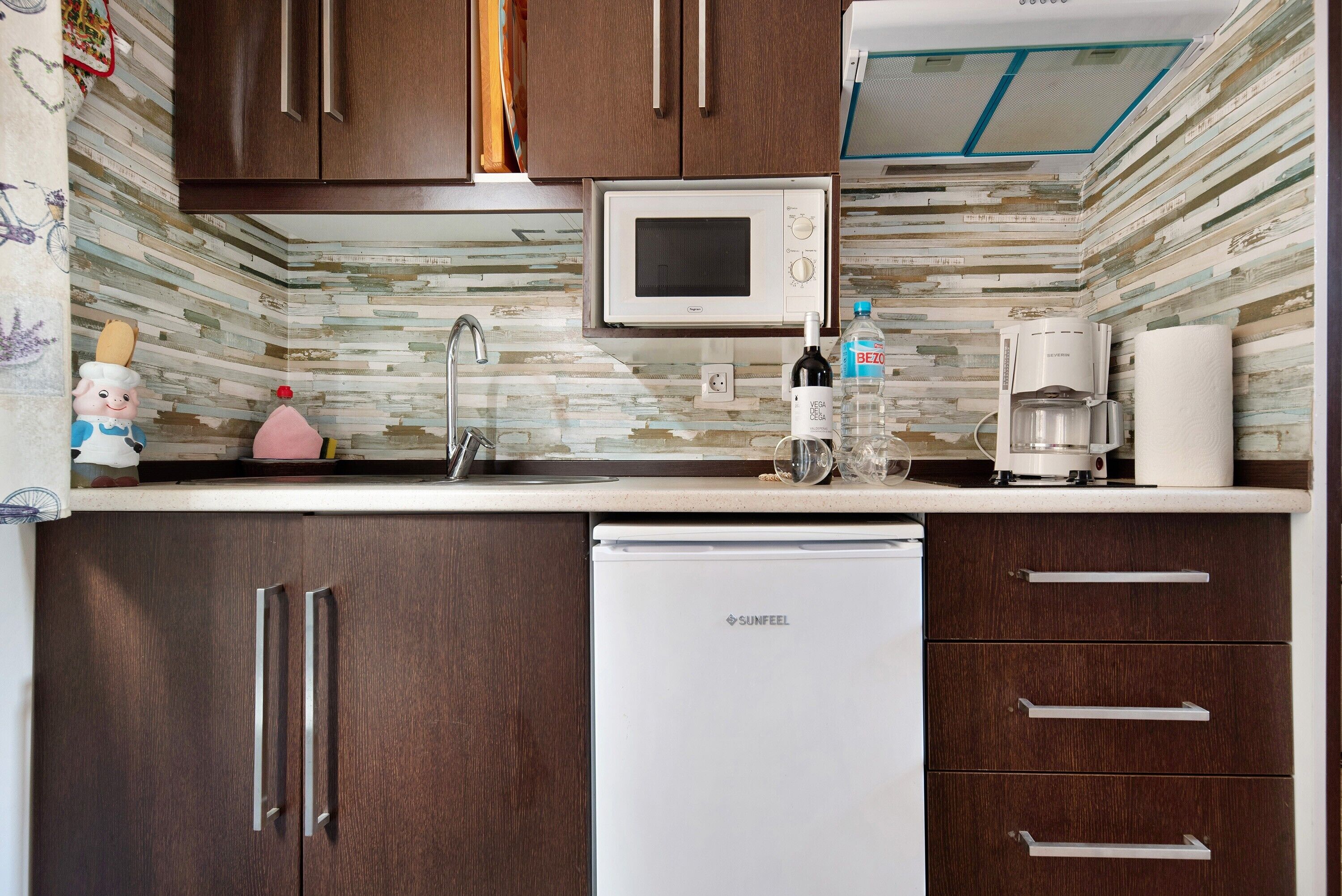 Fridge, microwave, stovetop, coffee/tea maker