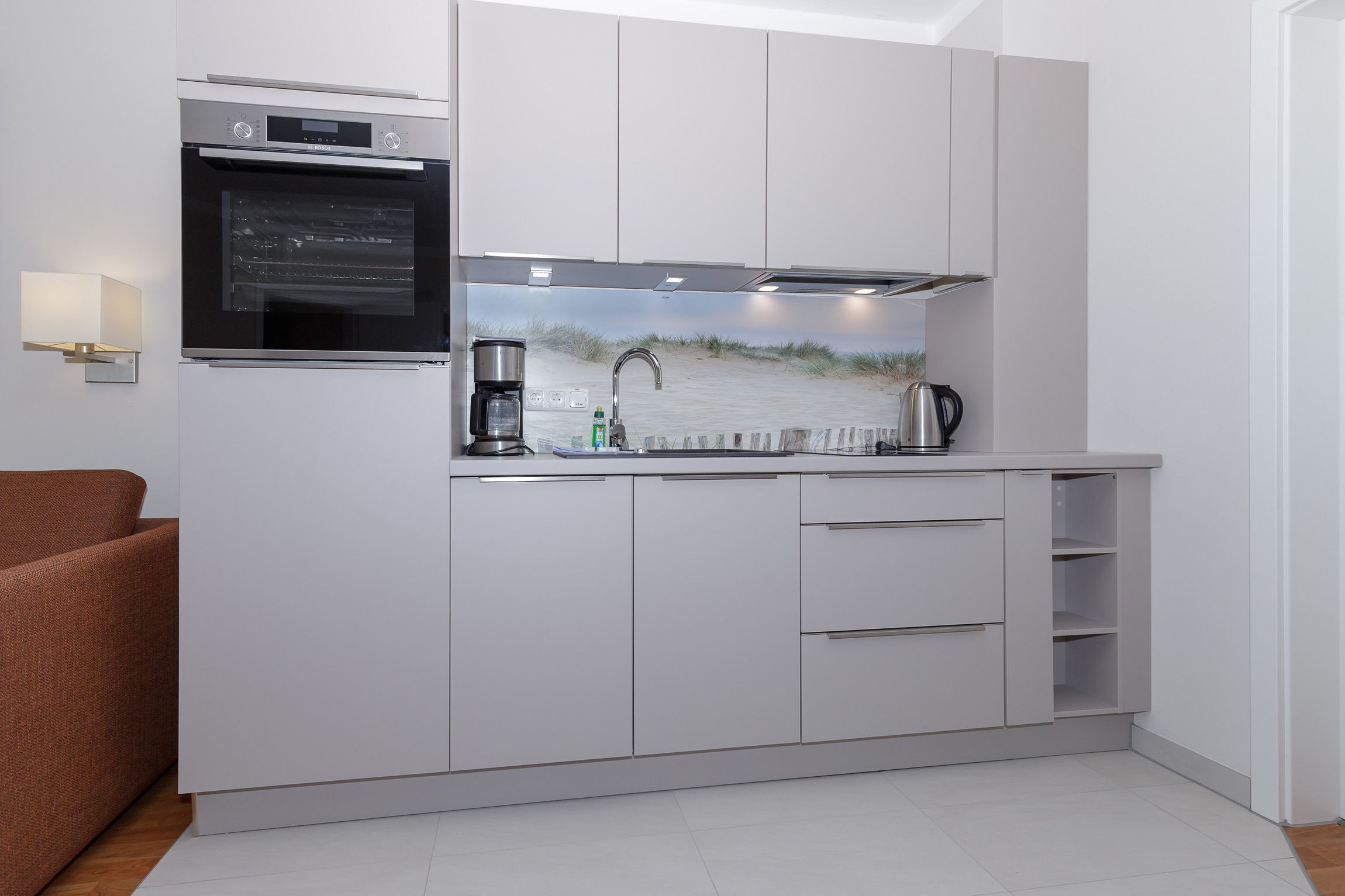 Fridge, microwave, coffee/tea maker, electric kettle