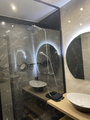 Shower, hair dryer, towels, toilet paper