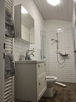 Hair dryer, towels, soap, shampoo