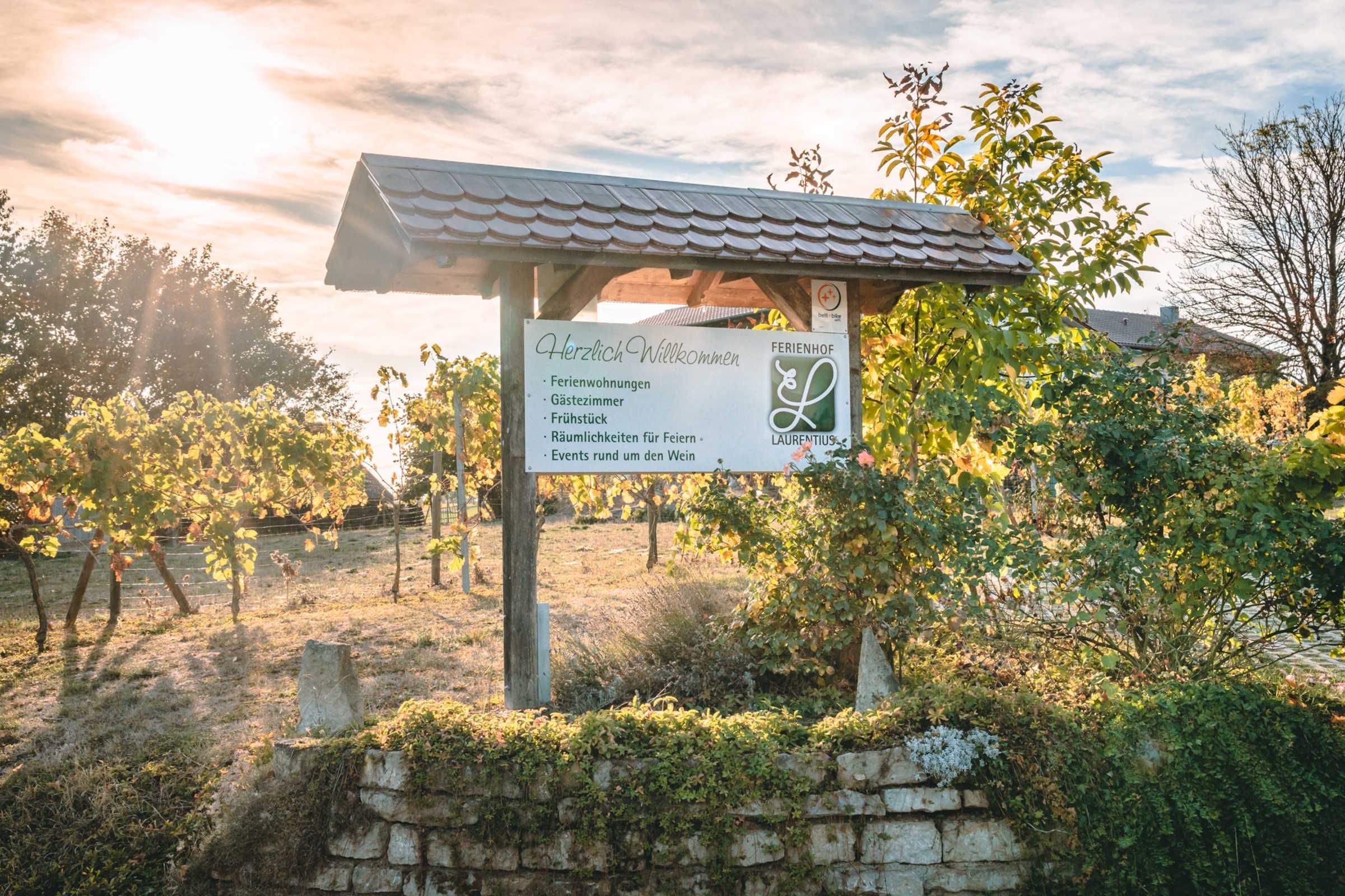 Un panneau avec du texte en allemand, une pergola et, au fond, un vignoble.