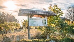 Un cartel con texto en alemán, una pérgola y un viñedo al fondo.