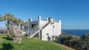Un edificio moderno de color blanco con una escalera que conduce a la entrada, rodeado de vegetación y con vistas a un cielo azul claro y al mar.