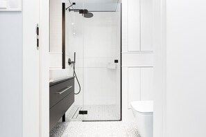 Shower, hair dryer, towels, shampoo