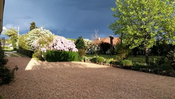 A gravel driveway leading to a house with a garden, surrounded by trees and a cloudy sky. - Spacious accommodation surrounded by greenery (Mouliherne)