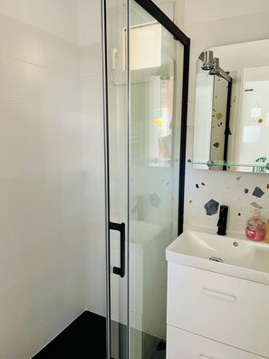 Regadera, secadora de cabello, jabón, papel de baño 