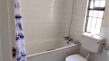 Combined shower/tub, towels, soap, toilet paper