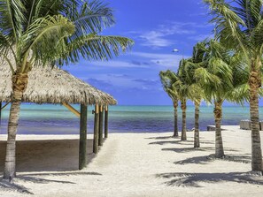 A beach with thatched-roof structures, palm trees, and a clear view of the ocean. - Oceanfront 2 Homes | Private Beach & Pool | 3 Acre (Islamorada)