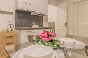 Fridge, coffee/tea maker, electric kettle, toaster