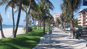 A coastal walkway lined with palm trees and benches, leading to a beach. - Oceans 735 (Deerfield Beach)