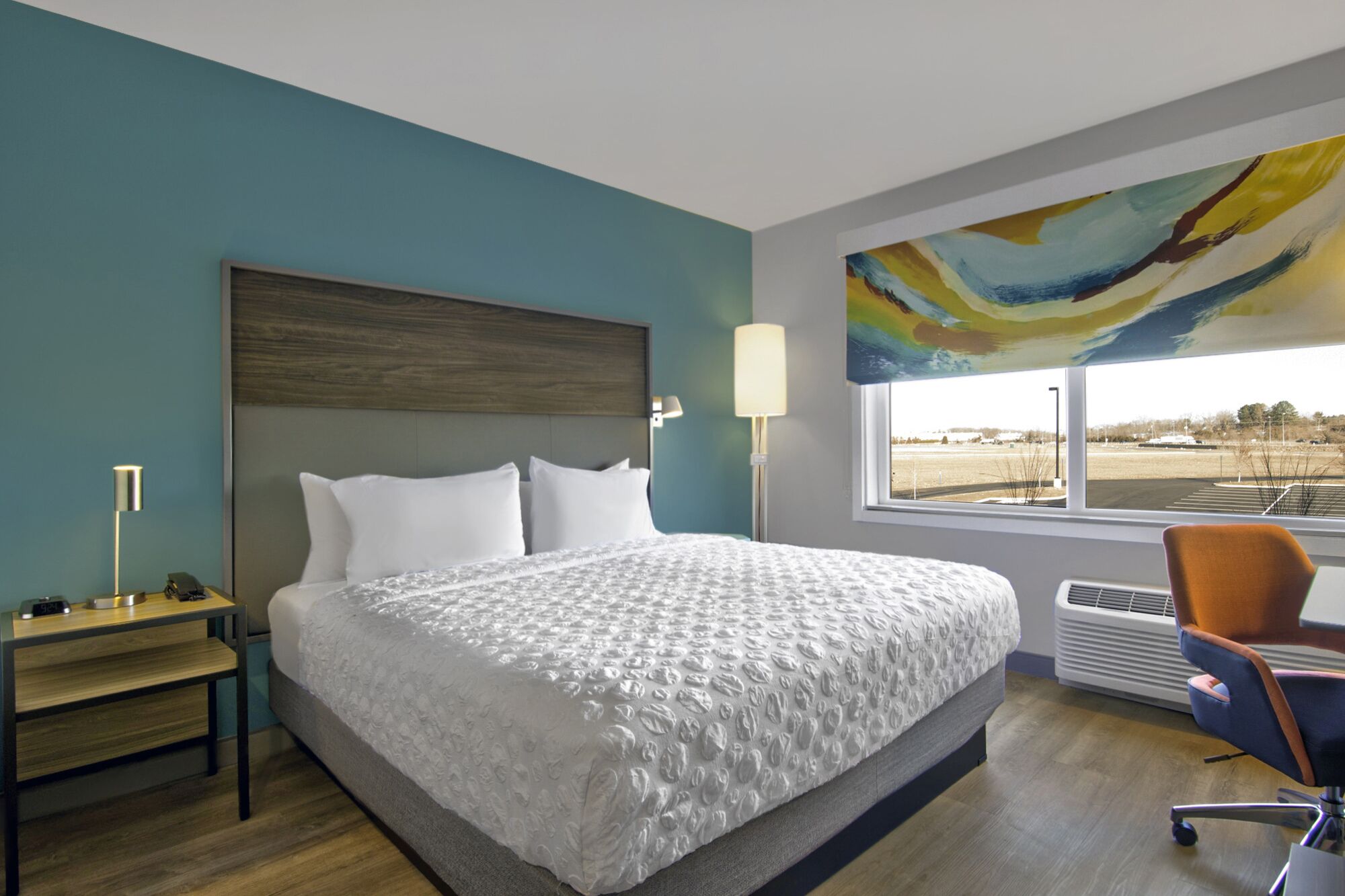 premium bedding, desk, laptop workspace, iron/ironing board