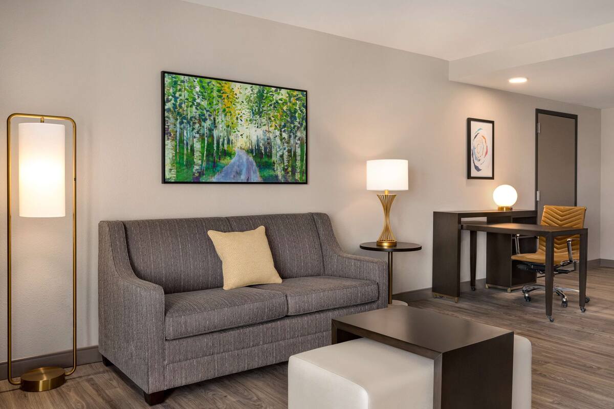 Une chambre d’hôtel moderne avec un canapé gris, une petite table, un bureau avec une chaise, une lampe et un tableau représentant une forêt.