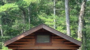 A small wooden cabin with a porch, a front door, and a window. - Log Cabin Sleeps four (Big Rapids)