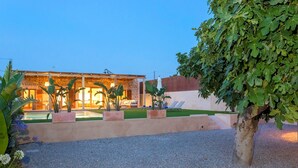 Eine moderne Villa mit Steinaußenwand, einem Schwimmbad und einem gepflegten Garten.