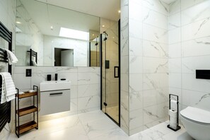 Shower, hair dryer, towels