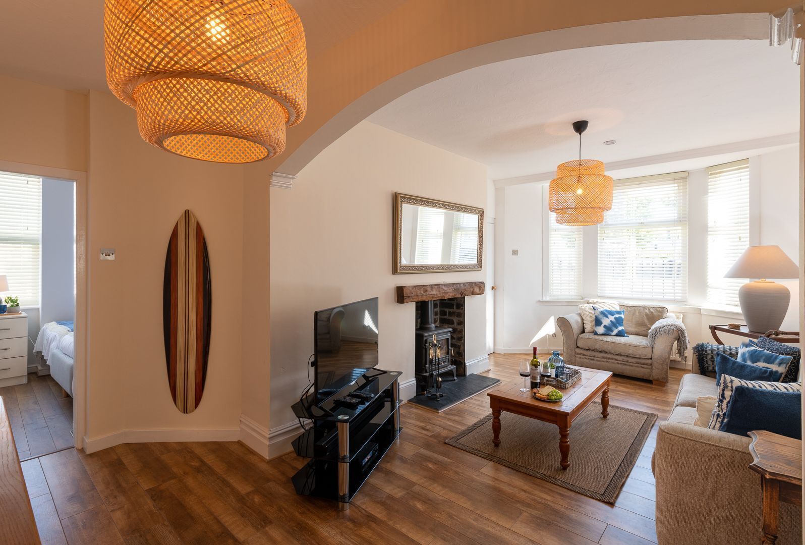 TV connectée, cheminée, lecteur de DVD, livres