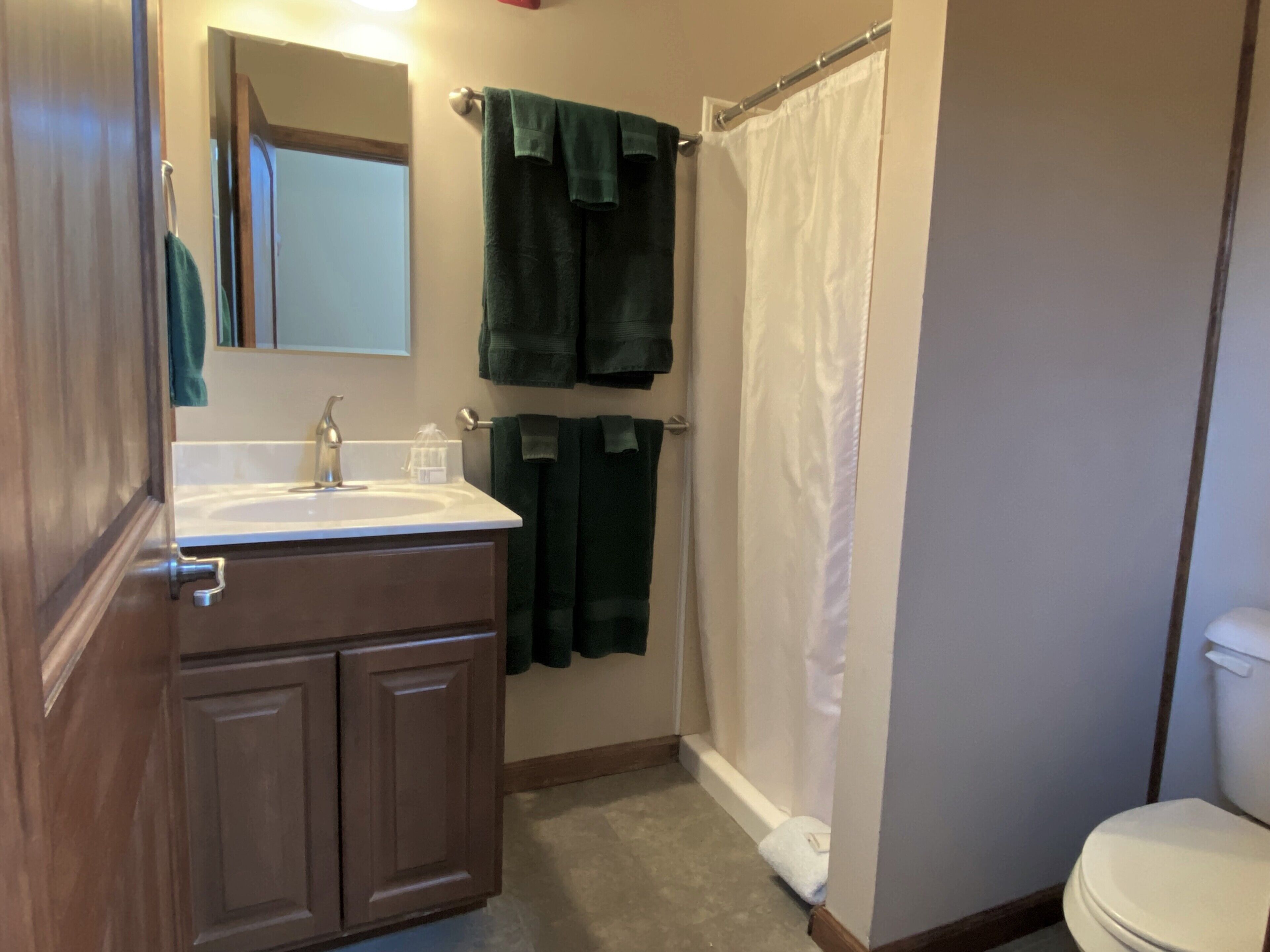 A bathroom with a wooden vanity, a white sink, a mirror, a shower curtain, and a toilet.