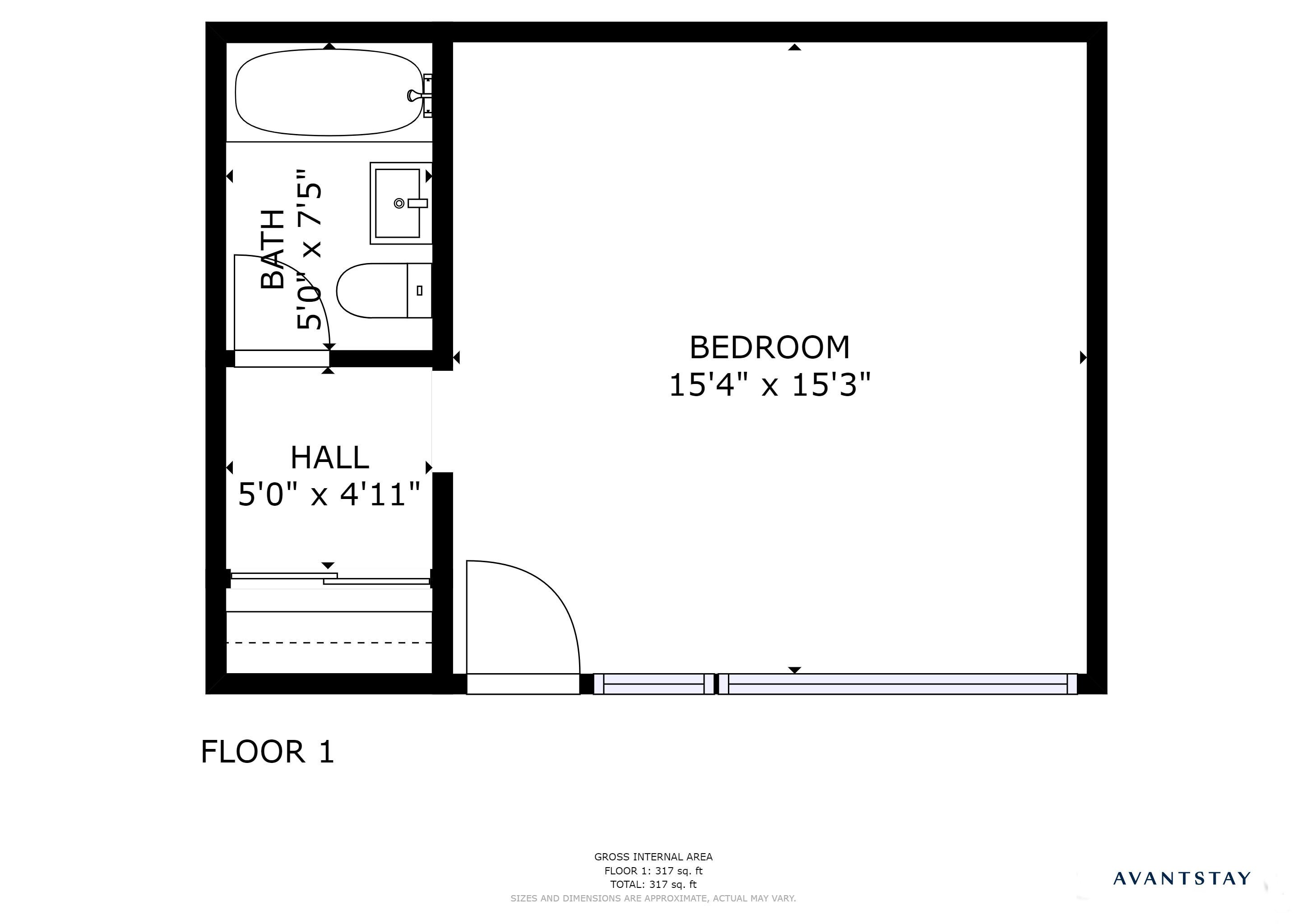 A floor plan of a hotel room with a bedroom measuring 154" x 153", a bathroom measuring 50" x 75", and a hall measuring 50" x 41".