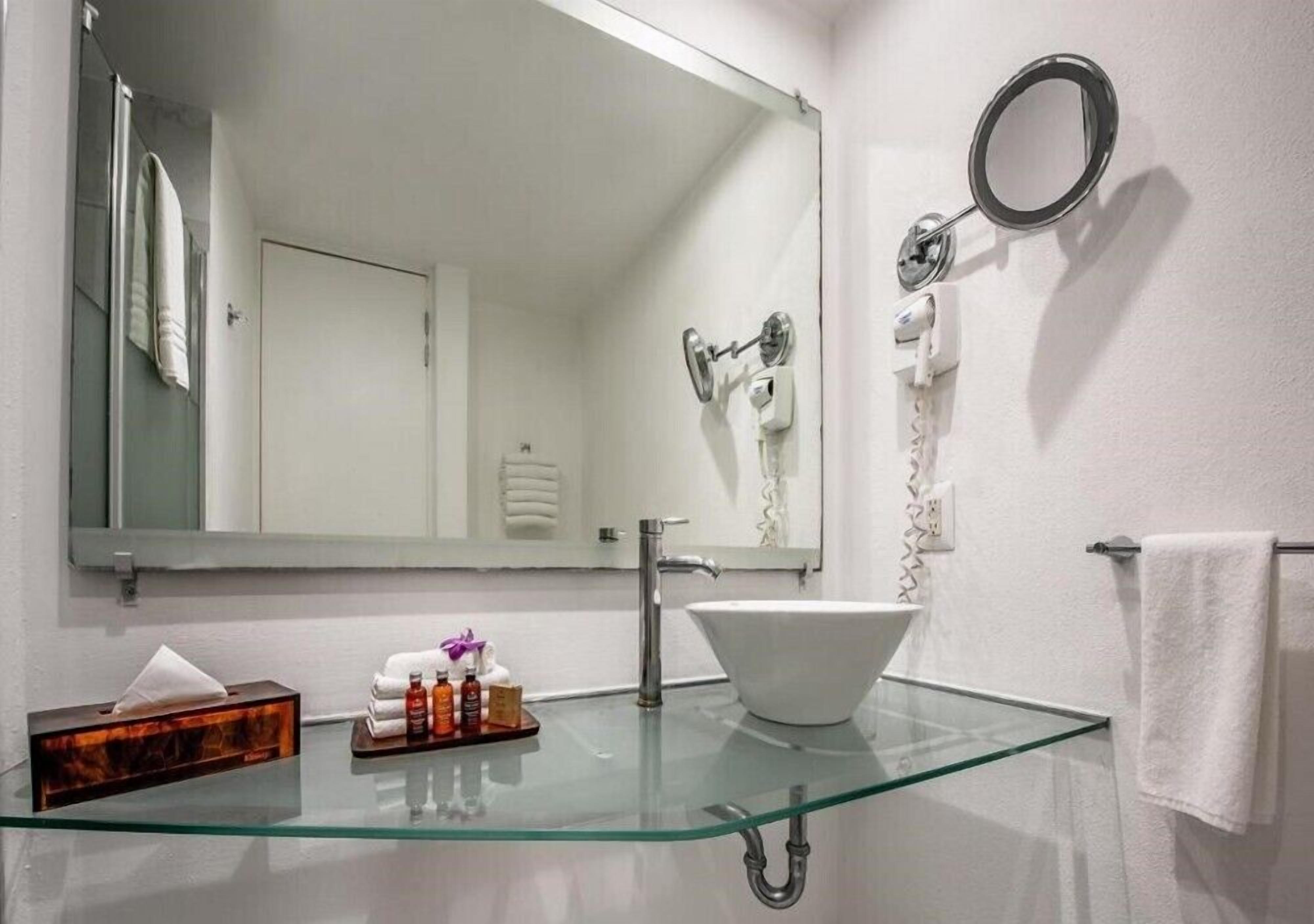 A modern bathroom with a glass sink, a large mirror, a handheld showerhead, and a towel rack.
