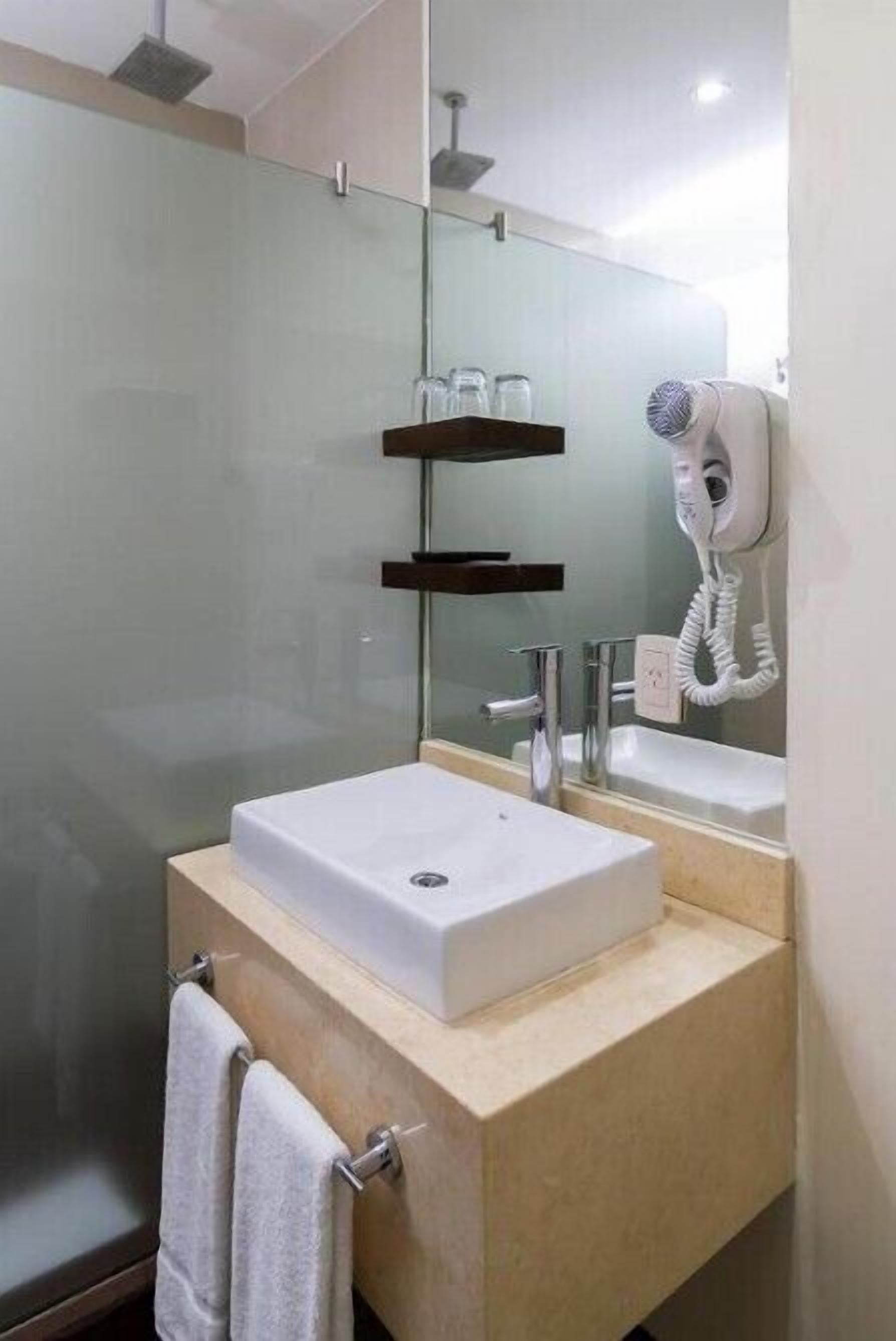 Een moderne badkamer met een glazen douchecabine, een witte wastafel, een haardroger en een handdoekrek.