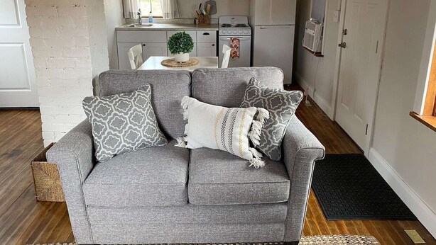 A cozy living room with a grey sofa, patterned cushions, and a small potted plant.