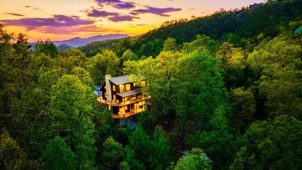 Una casa rodeada de un bosque frondoso con una vista despejada del paisaje circundante.