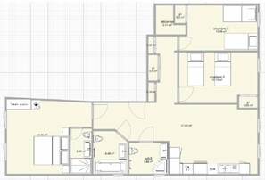 A floor plan with three bedrooms, two bathrooms, a kitchen, and a living area.