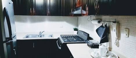 Kitchen features a gas stove, sink, and dark cabinets with a white countertop.