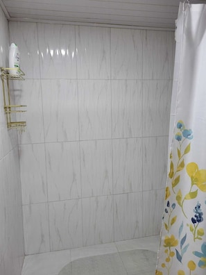 Shower, towels, soap, toilet paper