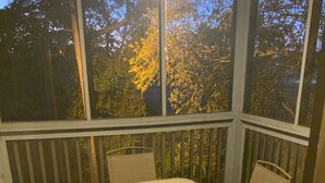 A covered outdoor seating area with a table and four chairs, large windows, and a ceiling fan.